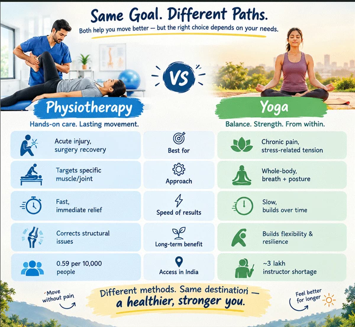 Physiotherapy versus yoga compared across five points. Best for: acute injury and surgery recovery versus chronic pain and stress-related tension. Approach: targets a specific muscle or joint versus whole-body breath and posture. Speed of results: fast immediate relief versus slow, builds over time. Long-term benefit: corrects structural issues versus builds flexibility and resilience. Access in India: 0.59 physiotherapists per 10,000 people versus a shortage of around 3 lakh yoga instructors